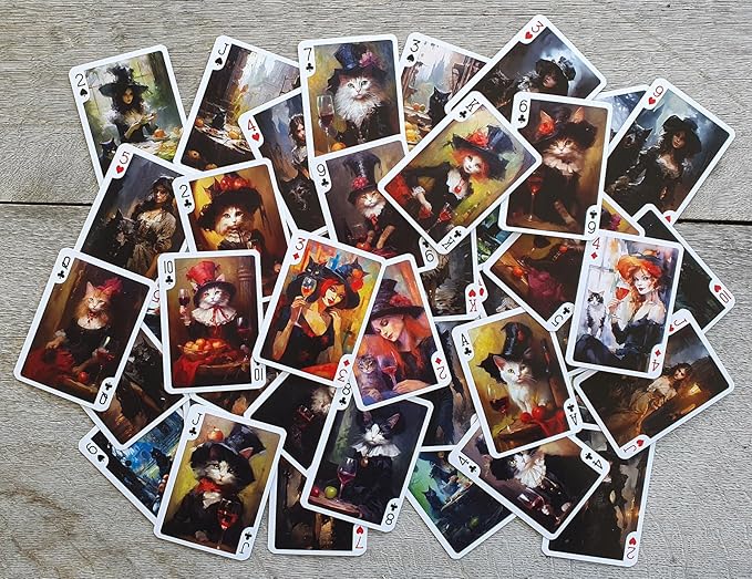 Wicca Witch Playing Cards (Poker Deck 54 Cards All Different) Elegant Witch Ladies with Black Cats Drinking Wine on Cemetery Vintage Illustration