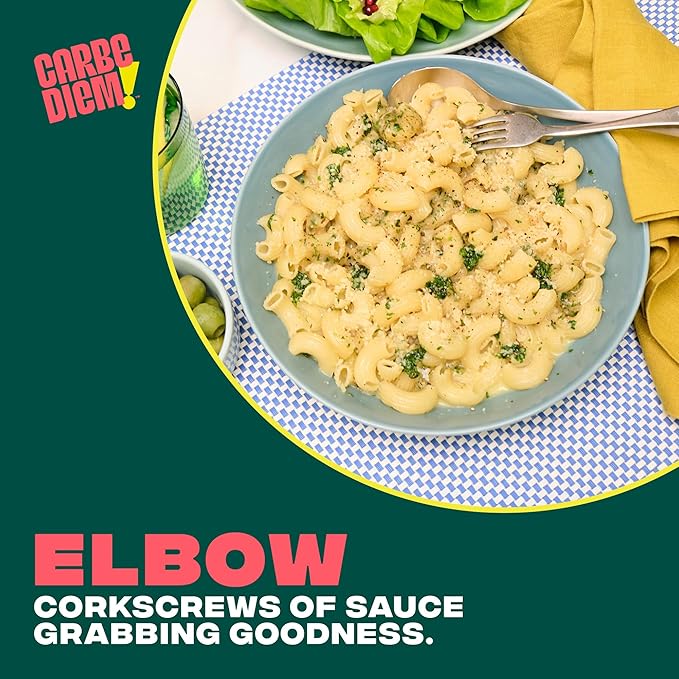Carbe Diem!, Elbows, Lower Net Carb Pasta with Traditional Flavor & Texture, 8 grams of Protein, 55% Fewer Net Carbs & Only 110 Calories Per Serving, Pack of 3