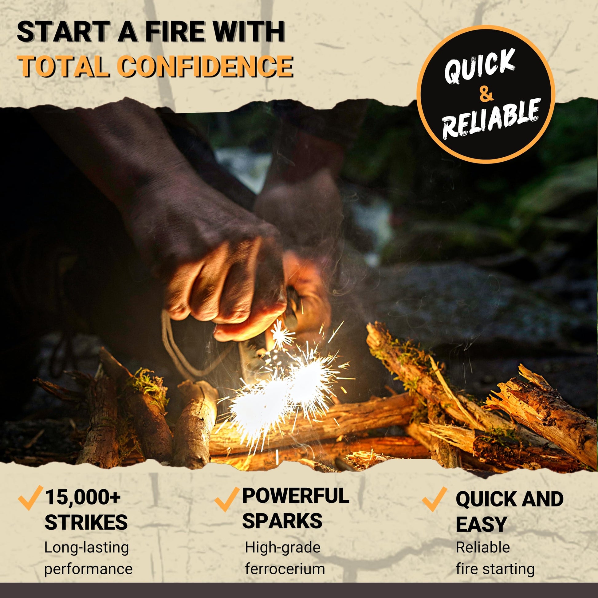 Ferro Rod Fire Starter Kit with Fatwood Tinder Stick - 3/8" Thick Ferrocerium Flint and Steel Fire