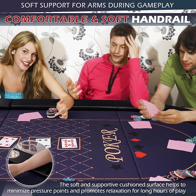 Poker Table Foldable, 8/10 Player Folding Poker Tables with Casino Grade Felt, Padded Rails & Cup Holders, Portable Poker Table for Texas Holdem (84 Inch-Black & Navy Blue)