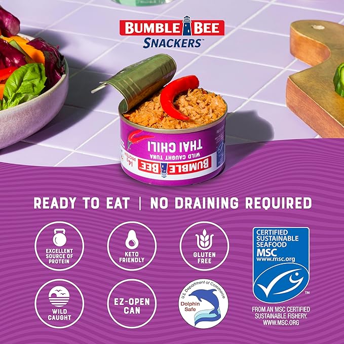 Bumble Bee Snackers - Thai Chili Tuna, 3 oz Easy Open Can - 14g Protein per Serving - Wild Caught Skipjack Chunk Light Tuna Pack - No Draining, Ready to Eat