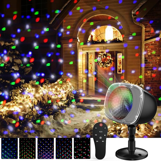 Elec3 Christmas Snow Projector Lights Outdoor, RGBW Snowfall Projector Lamp Rotating Falling Snow Projector with Remote Control Landscape Multicolor Lights for House Yard Garden Halloween Xmas Decor