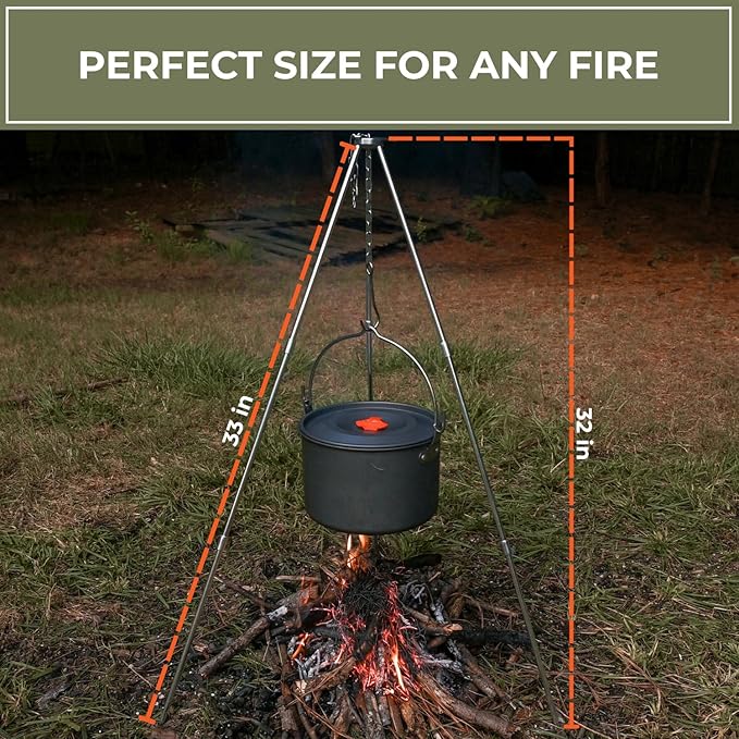 Tactiko Survival Campfire Cooking Tripod ??33" Stainless Steel Folding Stand with Adjustable Chain ??Compact & Lightweight Outdoor Gear for Hanging Kettles, Pots & Percolators ??Carry Bag Included