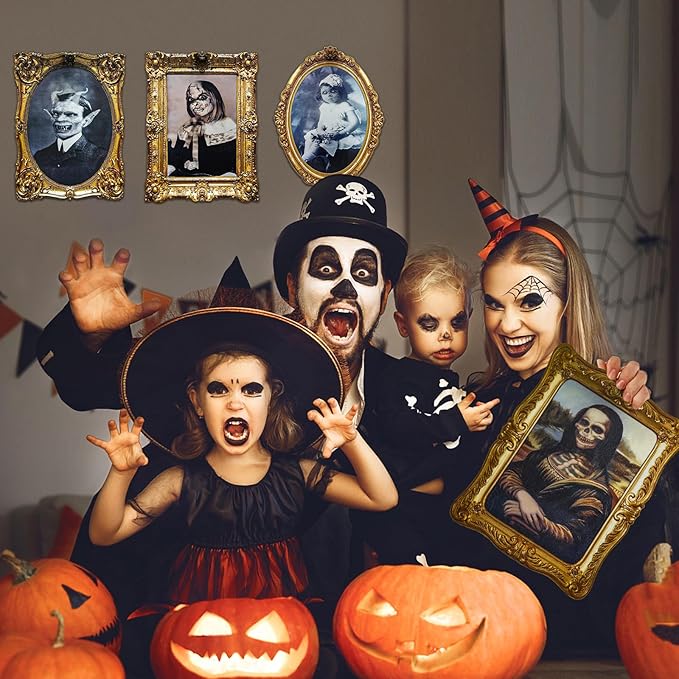 ECGER Halloween Decorations Indoor, Haunted Scary Decor - 3D Changing Face Pictures, Vintage Moving Wall Portraits Frame, For Horror Spooky Party Mansion Castle House Home Decoration(4 Pieces)