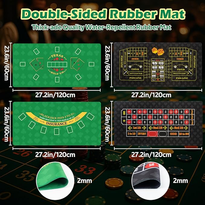 5 in 1 Super Pro Casino Game Set: Blackjack/Texas Hold'em/Roulette/Craps/Poker Kit, 10" Wooden Roulette Wheel, Carrying Case with 300 Clay Chips, 6 Deck Shuffler, 2 Double-Sided Rubber Mat And More