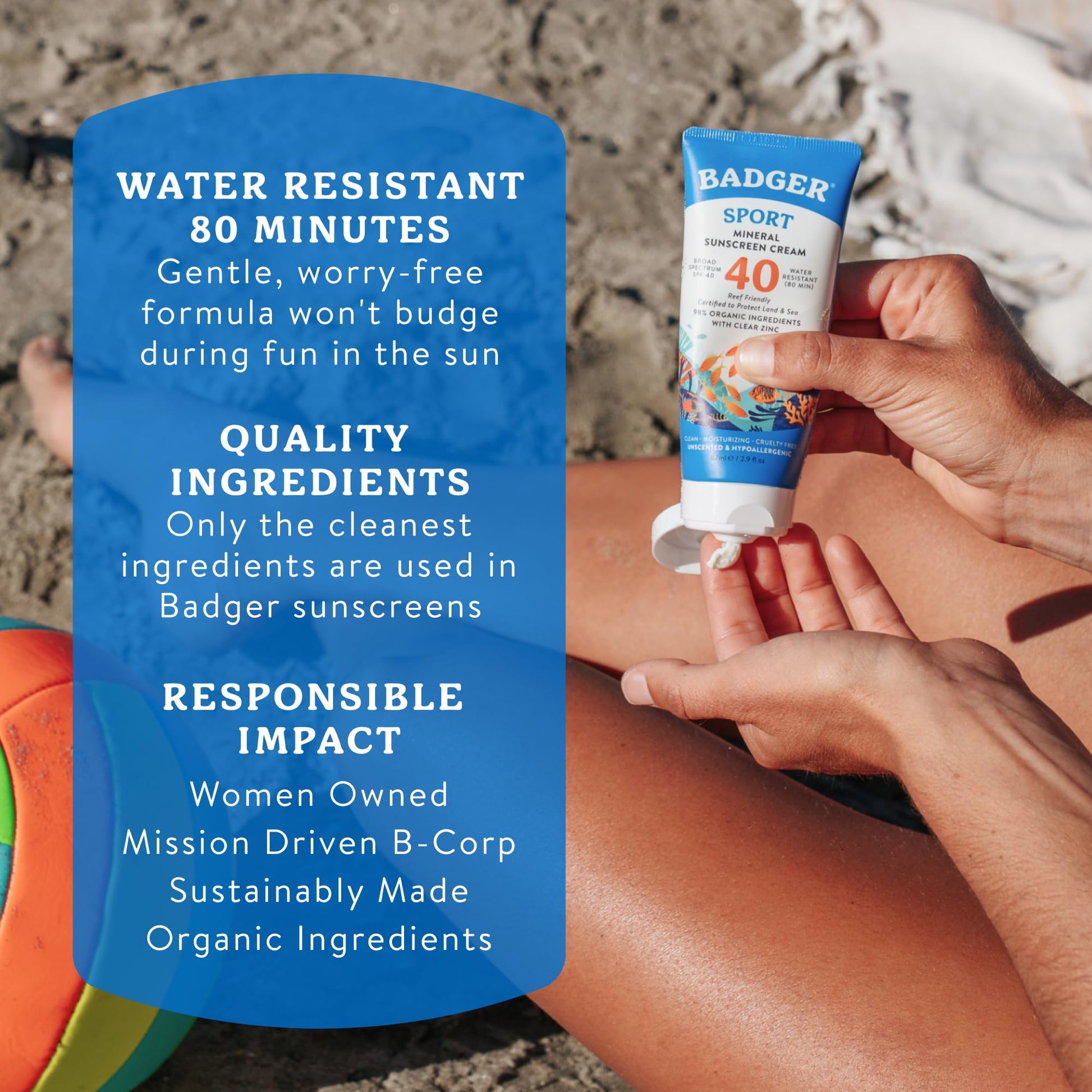 Badger Sport Mineral Sunscreen, Reef Safe, SPF 40, 98% Organic with Zinc Oxide, Water Resistant