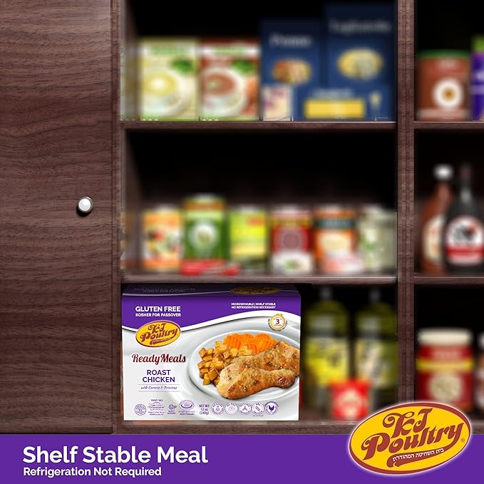 KJ Poultry Kosher for Passover Gluten Free Meals, Roast Chicken with Potato & Carrots, Halal, (3 Pack) Prepared Entree Fully Cooked, Shelf Stable Microwave Dinner, Travel Military Camping