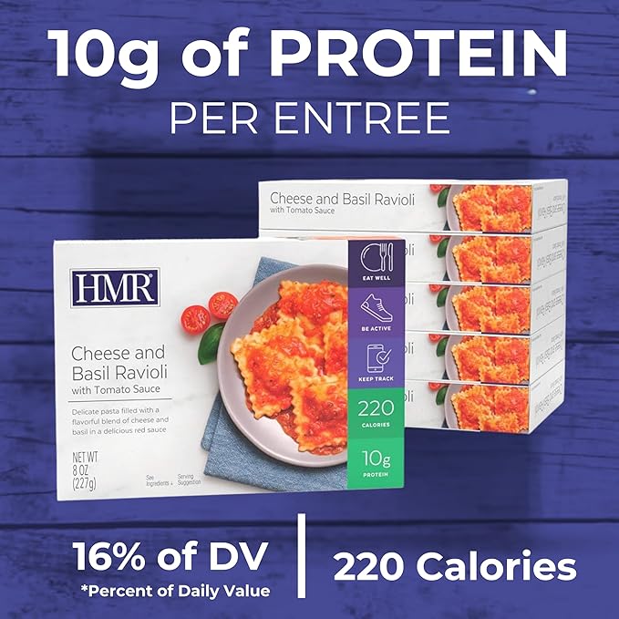 HMR Cheese and Basil Ravioli Entrée | Pre-packaged Lunch or Dinner | Ready to Eat | Vegetarian | 10g of Protein | Low Calorie Food | 8oz Serving per Meal | Pack of 6