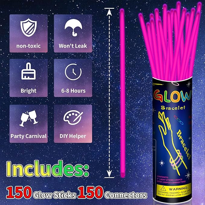 150 Pack 8” Pink Glow Sticks Bulk with 150 Connectors Neon Glow In The Dark Party favors Supplies for Holiday Birthday Party Decoration (Pink)