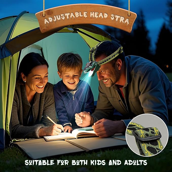 Dinosaur Headlamp for Kids T-Rex LED Flashlight with Roar Sound and Adjustable Headband Fun Kid Camping Gear Outdoor Headlamp Adventure Toy for Boys and Girls Ages 3-8 Gift