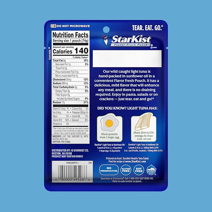 StarKist Chunk Light Tuna in Sunflower Oil, 2.6 oz Pouch (24 Pack) Ready to Eat Wild Caught Tuna, 17g Protein, 140 Calories Per Serving, Gluten Free, Soy Free, Kosher, Perfect for Meals and Snacks