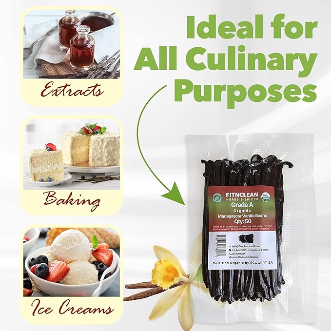 50 Organic Grade A Madagascar Vanilla Beans. Certified USDA Organic for Extract and All Things Vanilla by FITNCLEAN VANILLA. Bulk Fresh NON-GMO Pods.