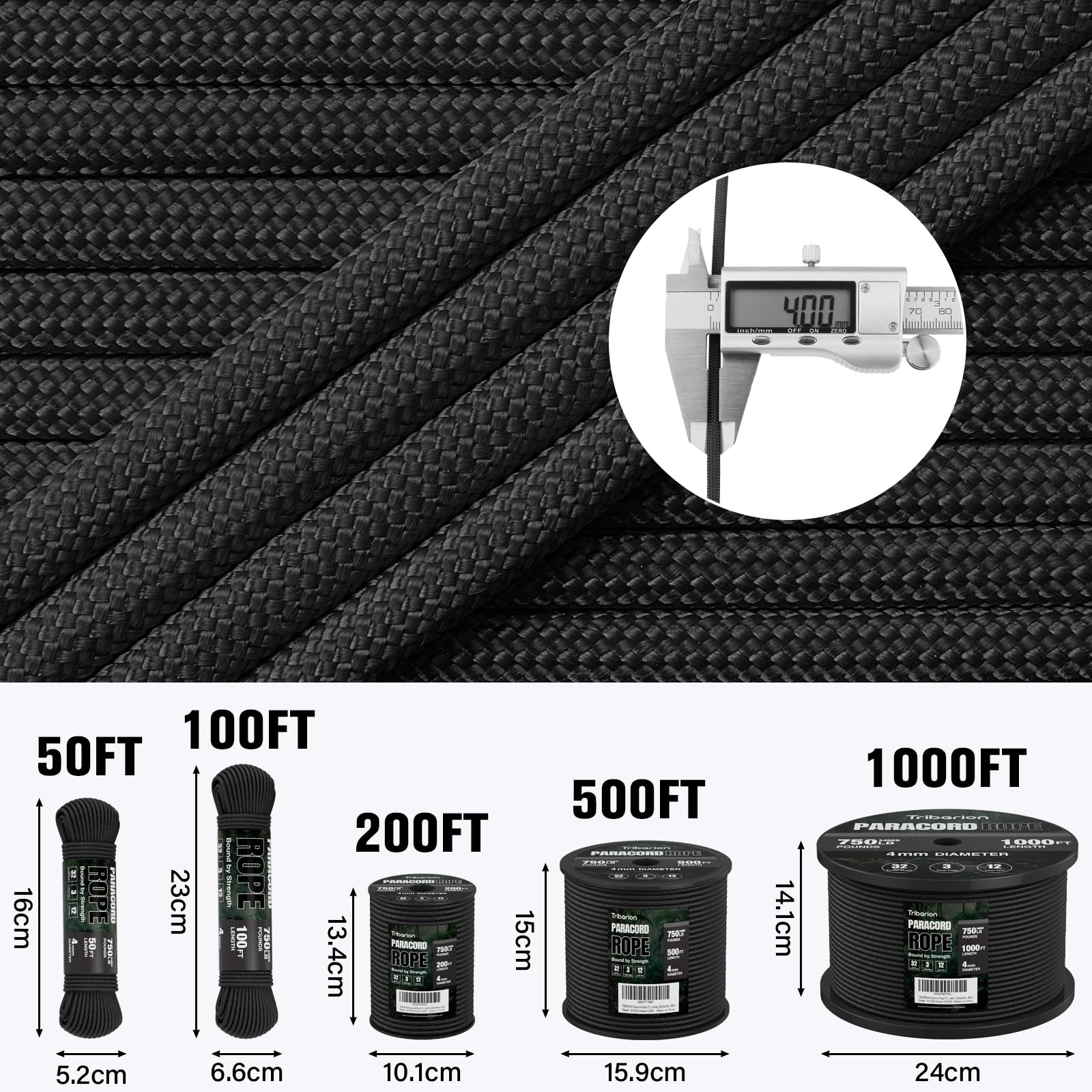 TRIBERION Paracord Rope 750 lb - 1000ft / 500ft / 200ft / 100ft 5/32" Parachute Cord 4MM 12-Strand