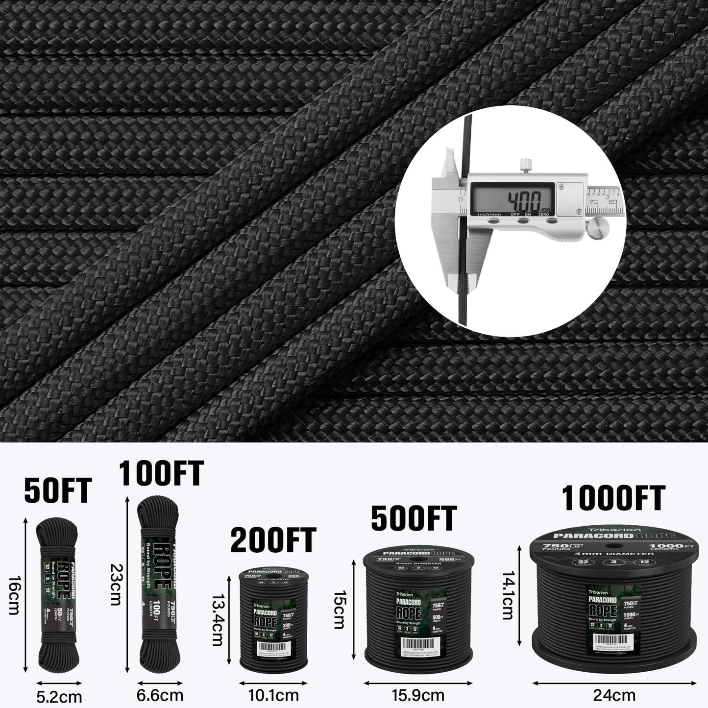 TRIBERION Paracord Rope 750 lb - 200ft 5/32" Parachute Cord 4MM 12-Strand para Cord - Heavy Duty