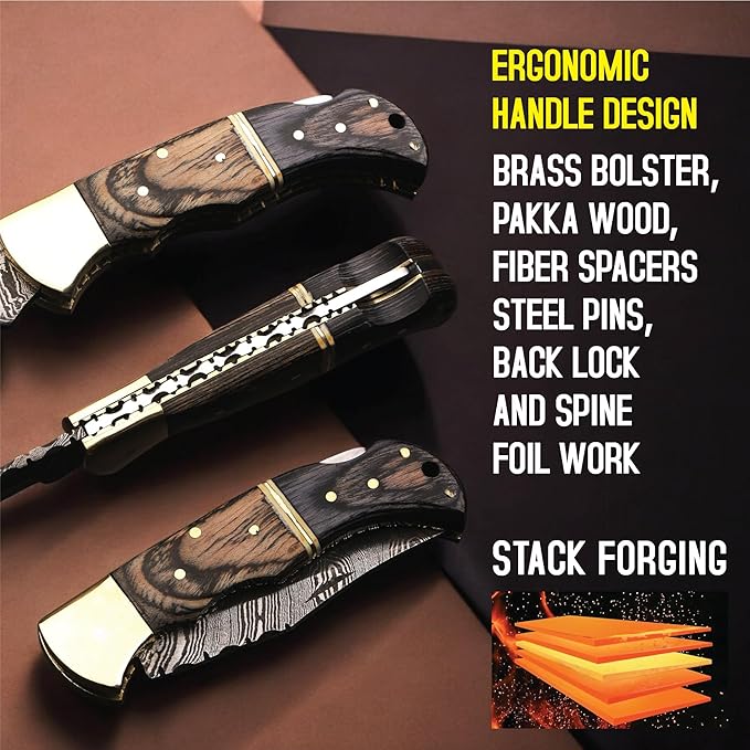6.5 inch Damascus Pocket Knife with Sheath, Handmade Folding Pocket Knife for Men, Black-Red Wooden Handle with Brass Bolster, Secure Lock Back Camping Knife for EDC,Hunting,Hiking (Brown)