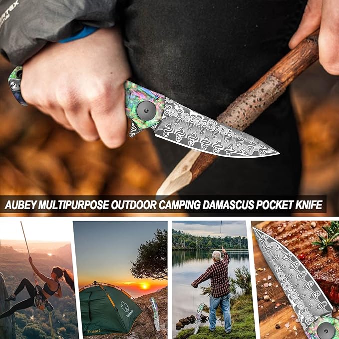 AUBEY Damascus Pocket Knife for Women Men, Sharp 3.23" Damascus Steel Blade Knife with Clip, EDC Hunting Knives with Abalone Shell Handle, Gift for Camping Outdoor