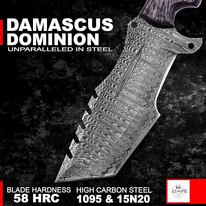 KIMPE 10.5?™â€?Damascus Hunting Knife with Leather Sheath-Fixed Blade EDC Knife-Bushcraft Knives-Wood Handle-Best Camping & Survival Knives-Knives for Men. (Pakka-Grey)