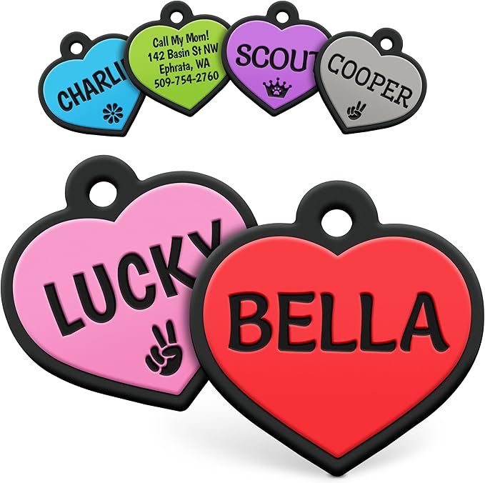 GoTags Silicone Dog Tags, Soundless Pet Tag, Personalized Silent Tag Engraved for Pets with Cute Custom Designs, for Dogs and Cats, (Heart, Red)