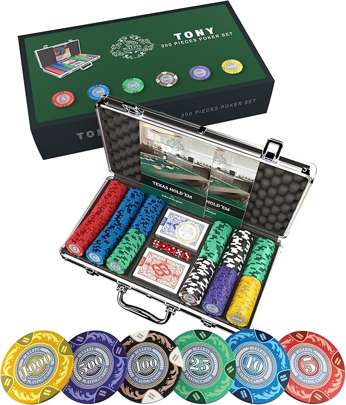 Bullets Poker Set ??Complete Chip Set with Case, Playing Cards, Dices, and Travel Case ??Professional for Texas Hold'em, Blackjack, Poker Games, and Casino Chips, 300 Clay 'Tony' Chips.
