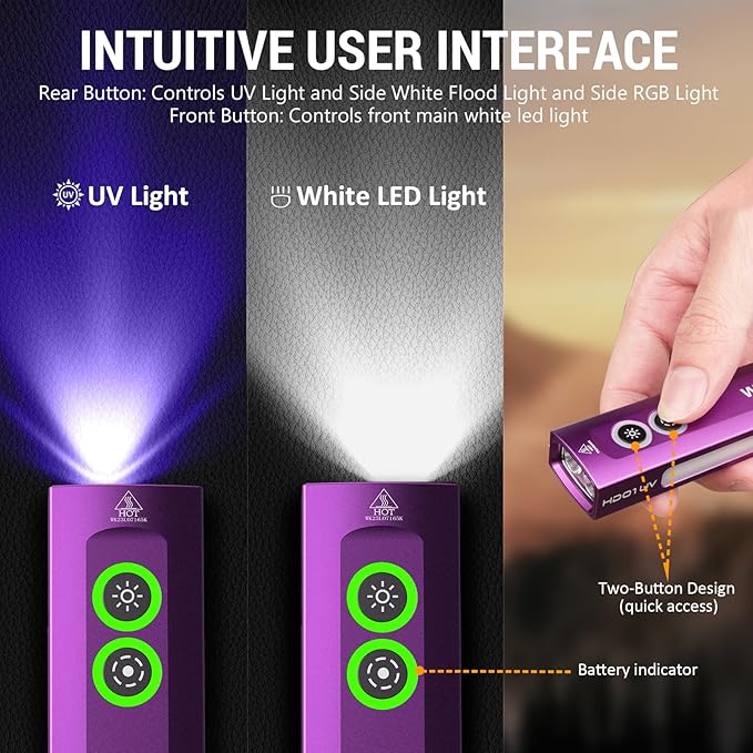 Wurkkos HD01 UV Flashlight, Rechargeable EDC Flashlight, Led Flashlight with 365nm UV Light, 1200 Lumens Flat Flashlight with RGB, Pocket Light for Emergency, Pet Urine Detection(Purple)