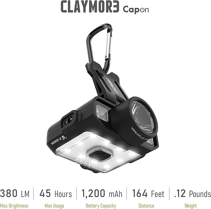 Claymore Capon 120D (Black) - Rechargeable Cap Light with Motion Sensor, Multi-Purpose Clip-On, Focus Mode for Enhanced Light Distance. 3 Lighting Modes, 380 Lumens, Dust and Waterproof.