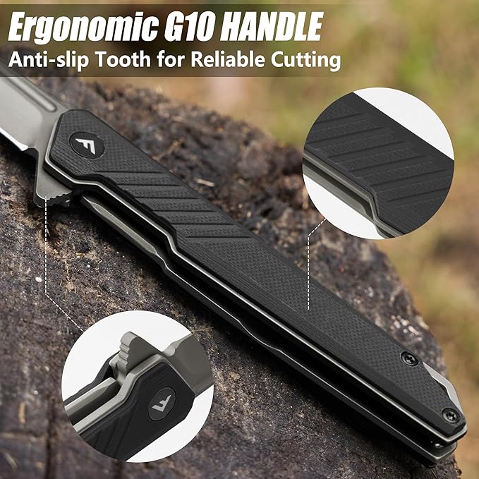 FLISSA Folding Knife, Pocket Knife with D2 Steel Blade, G10 Handle, Pocket Clip, Lightweight for Camping, Tactical, Hiking, Hunting, EDC, Daily Use, Outdoor Activities(Black)