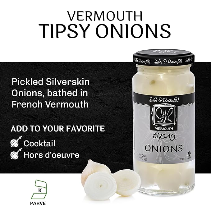 Tipsy Cocktail Onions in Jar with French Vermouth - Pickled Silverskin Onions for Cocktails, Appetizers, and Hors d'Oeuvres, Kosher Parve - Sable & Rosenfeld - 5 oz - Pack 5