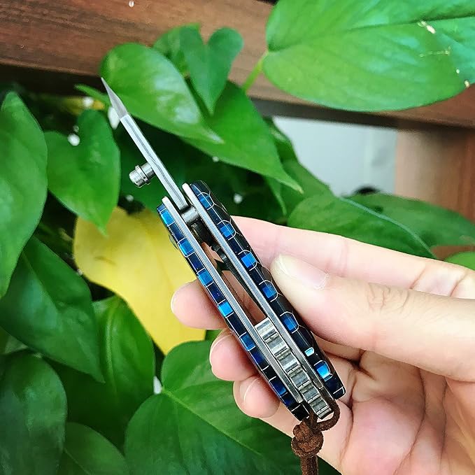 ALBATROSS Mini EDC Folding Pocket Knife - 1.75" Damascus Steel Blade, Blue Resin Handle with Aluminum Honeycomb Pattern, Tactical Camping Knife with Gift Box - HGDK022