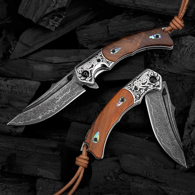 Handmade Japanese VG10 Damascus Steel Folding Knife,Rosewood Liner Lock Handle, Leather Sheath,EDC Pocket Knives for Men Outdoors Camping Fishing