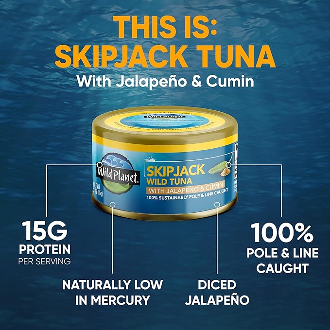 Wild Planet Wild Skipjack Tuna with Jalepeno & Cumin Tinned Fish, Canned Tuna, Sustainably Wild-Caught, 3 oz pack of 12