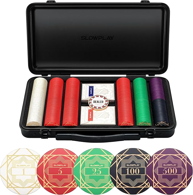 SLOWPLAY Nash Ceramic Poker Chips Set for Texas Hold'em, 300 PCS [with Numbered Values],43mm Poker Chips, 12g Each | Features a High-end Chip case with Extra Durable German Polycarbonate Shell