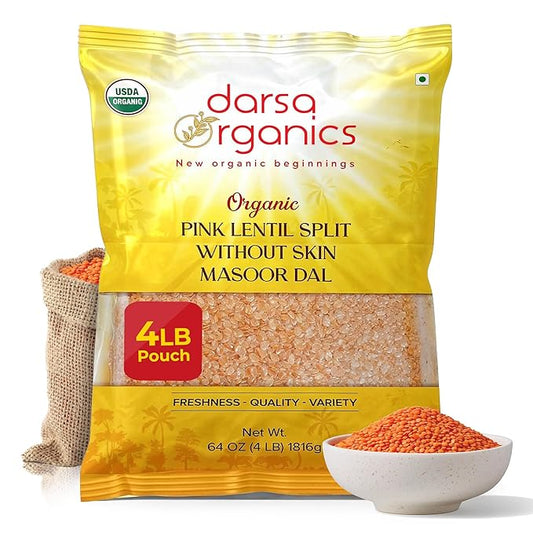 Darsa Organics Red Lentils Masoor Dal - 4 lb USDA Certified Organic, Non-GMO, Gluten-Free, Whole & Split Pink Lentils, Chemical-Free, Rich in Protein and Fiber, Easy to Cook