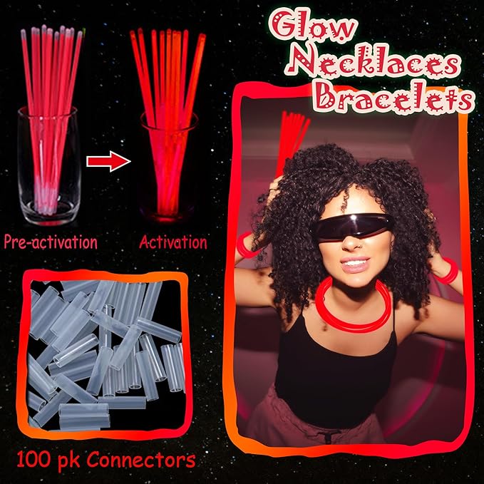 ILHSTY 100 Pcs 8'' Red Glow Sticks Glow Necklaces In The Dark Party Favors Supplies Bright GlowSticks Bulk with Accessories for Birthday Christmas New Year Halloween 4th of July Neon Party (Red*100)