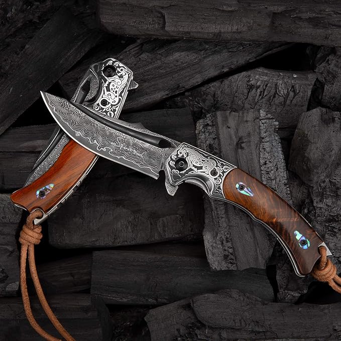 Handmade Japanese VG10 Damascus Steel Folding Knife,Rosewood Liner Lock Handle, Leather Sheath,EDC Pocket Knives for Men Outdoors Camping Fishing