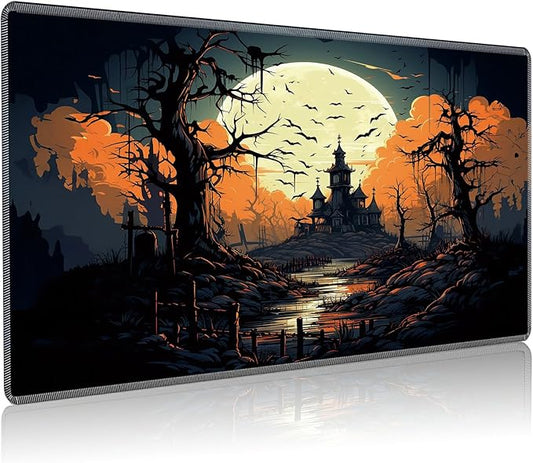 Playmat for MTG, 24 x 14 inches Game Play Mat for MTG TCG and Other Card Games, Trading Card Game Play Mat Desk Mats with Stitched Edges Non-Slip Base, Halloween Night B