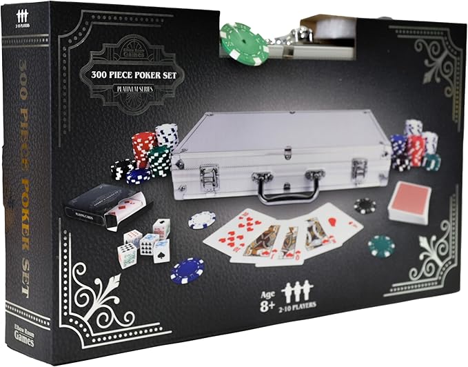 Sunny Days Entertainment Elbow Room Games 300 Piece Poker Set, Includes Colored Chips, Dice, Dealer and Blind Chips, Deck of Cards in a Carrying Case