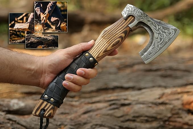 QEPAA CRAFTS® 13??Inch Hand-Forged Viking Axe-Rosewood Handle Hatchets and Axes, Wood Splitting Axe, Camping Axe,Viking Gift for Men (Medieval)