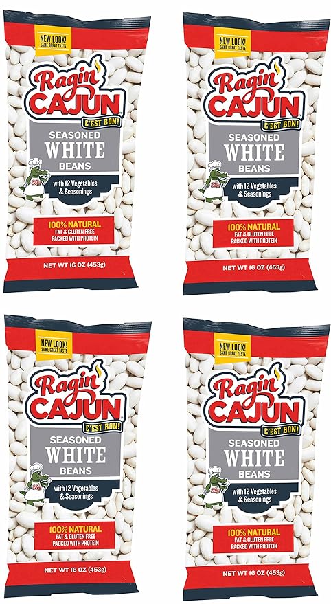 Ragin' Cajun Seasoned White Beans - 16 oz Pack, Pack of 4, Fat-Free, Gluten-Free, Reduced Sodium - Authentic Louisiana Creole Dish