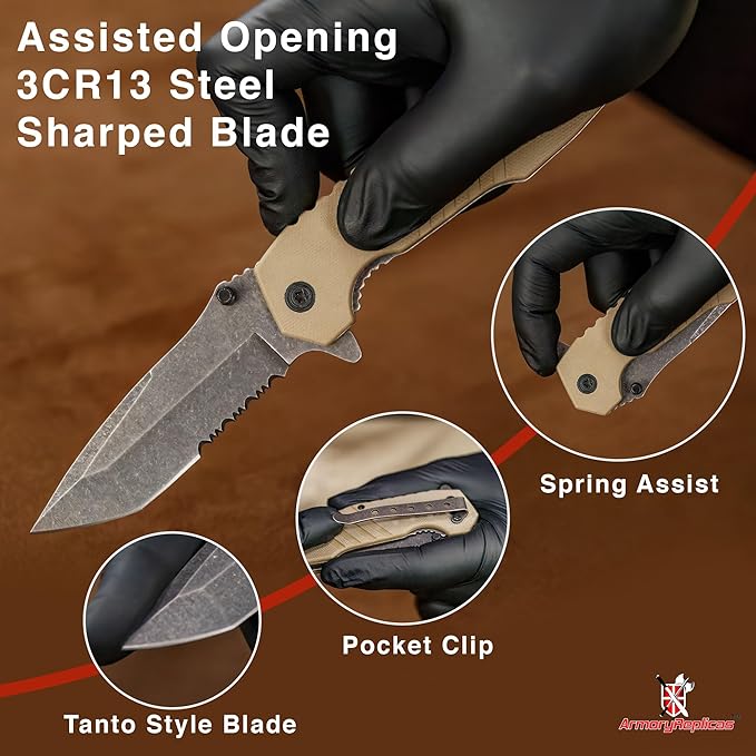 Armory Replicas??Spring Assisted Tanto Folding Knife ??3CR13 Steel Blade with Serration, G10 Handle, Liner Lock, Thumb Stud & Pocket Clip ??EDC Tactical Knife