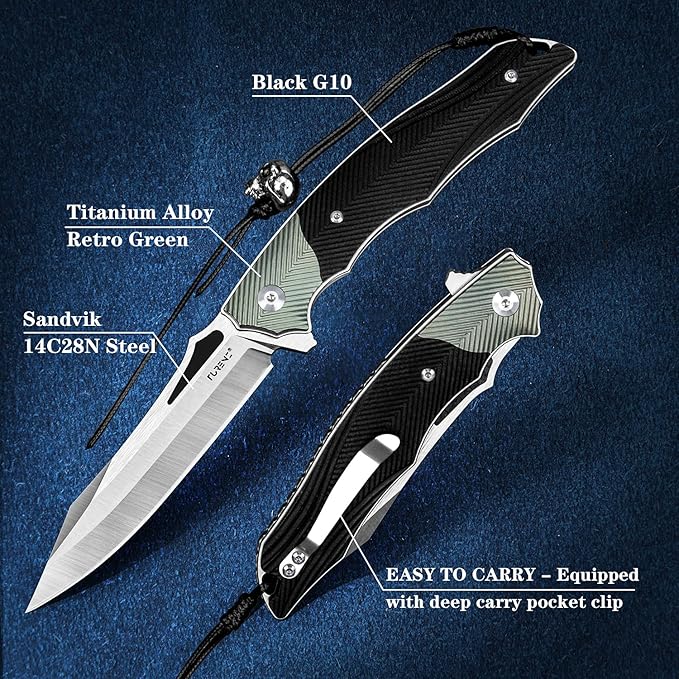 Folding Pocket Knife with Clip, Original sharp folding knife Liner Lock, G10 and Titanium Alloy Handle, Sandvik 14C28N Steel Flipper EDC