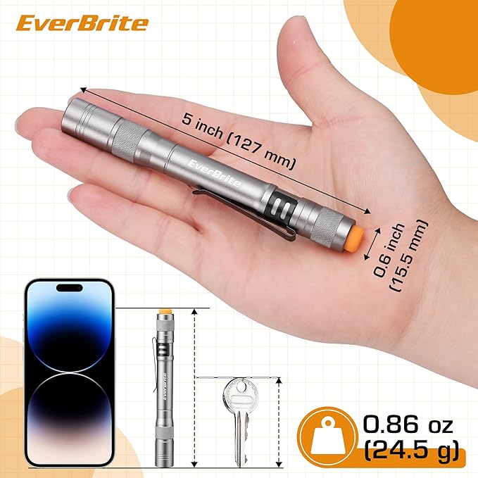 EverBrite Pen Light, 100LM Pocket Flashlights, Aluminum LED Pen Flashlights with Clip, 8 AAA Batteries Included, Pocket Flashlight for Camping, Emergency, Mechanic, Pack of 4, Gray