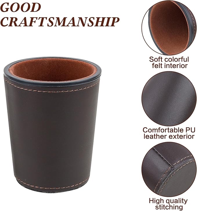 Felt-Lined PU Leather Dice Cup Set, 6 Quiet Dice Shaker Cups with 36 Dices for Bar Party Yahtzee Farkle Dice Games, Coffee