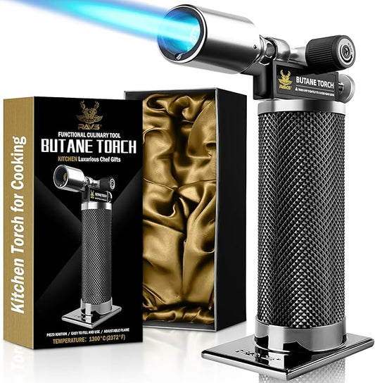 RAVS Refillable Butane Torch, Professional Kitchen Torch Lighter for Creme Brulee, Cooking Torch Gun with Adjustment Flame for Men, Blow Torch for Cooking - No Butane Fuel, Unique Gifts for Dad