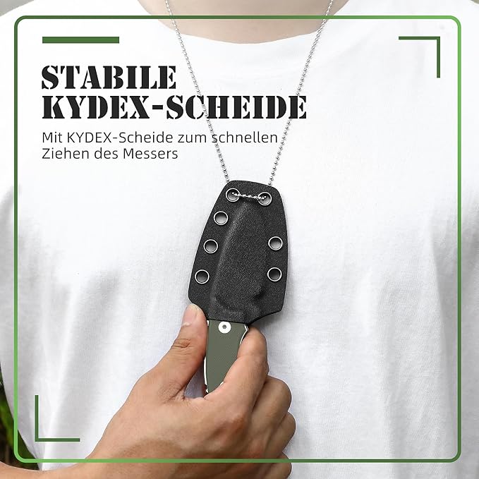 Omesio Neck Knife with Sheath and Necklace, 5.43" Small Fixed Blade Knife, Full Tang with Clip, D2 Steel 2.17-Inch Blade, G10 Handle for Outdoor, Camping, EDC (Black Blade + Green Handle)