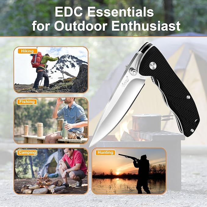 Vickay Pocket Knife for Men, Folding Knife with Clip, 3.74-inch 8Cr13MoV Steel Blade, G10 Handle EDC Knife for Outdoor Camping, Tactical, Hunting and Fishing Gift (Black)