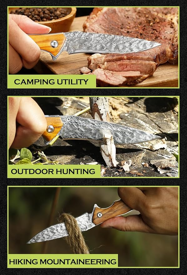 YOUSUNLONG Folding Knives Overall 210mm Pocket Knife - Hammered Damascus Steel Blade - Natural Italian Olive Wood Cover