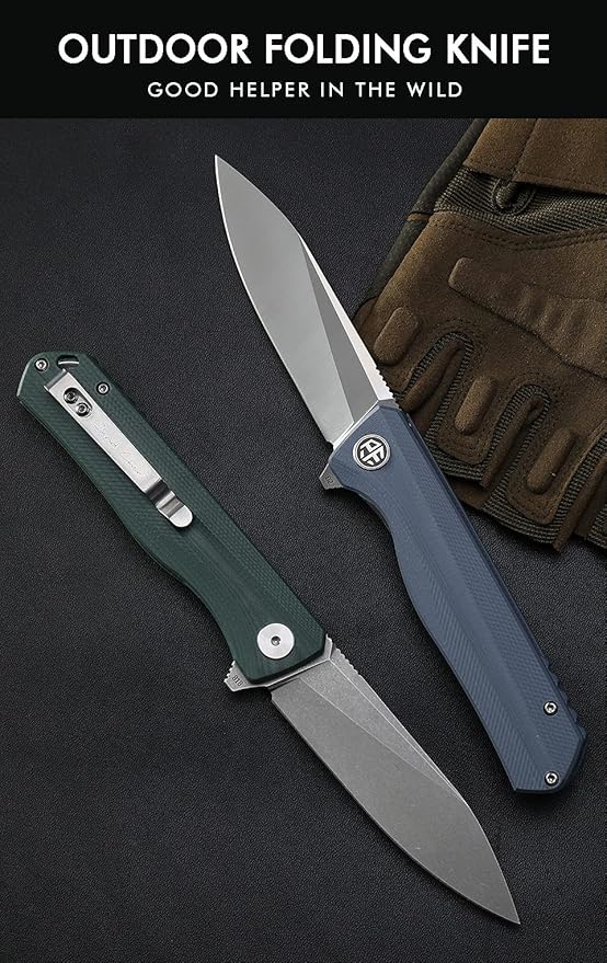 Petrified fish G10 handle D2 steel blade 2CR13 liner ball bearing flipper folding knife camping hunting EDC pocket tool PF818 (Green, Stonewash)