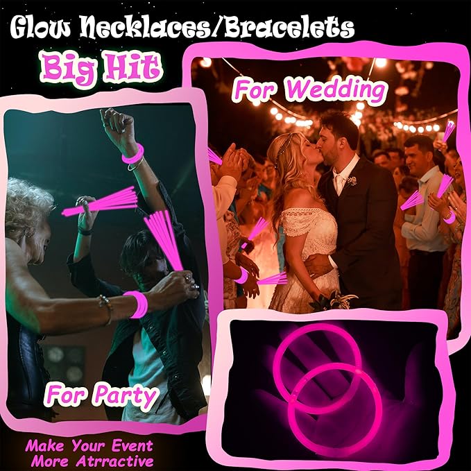 100 pk 8" Pink Glow Sticks Bulk Party Favors, Light up Glow Necklaces & Bracelets in the Dark Party Supplies For Christmas Valentine Halloween Birthday Neon Party (100 * Pink)