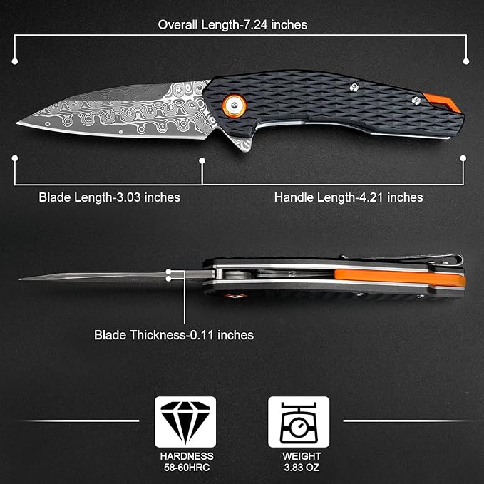 Damascus Folding Knife, 3.03" Damascus Steel Blade Pocket Knives with Clip, Black Aluminum Handles, Camping Folding Knife for Hunting Fishing Hiking Outdoor