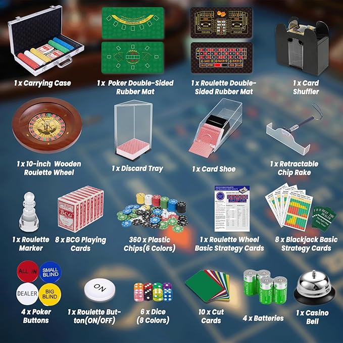 5 in 1 Super Casino Game Set: Blackjack/Texas Hold'em/Roulette/Craps/Poker Kit, 10" Wooden Roulette Wheel, Carrying Case with 360 Plastic Chips, 6 Deck Shuffler, 2 Double-Sided Rubber Mat And More